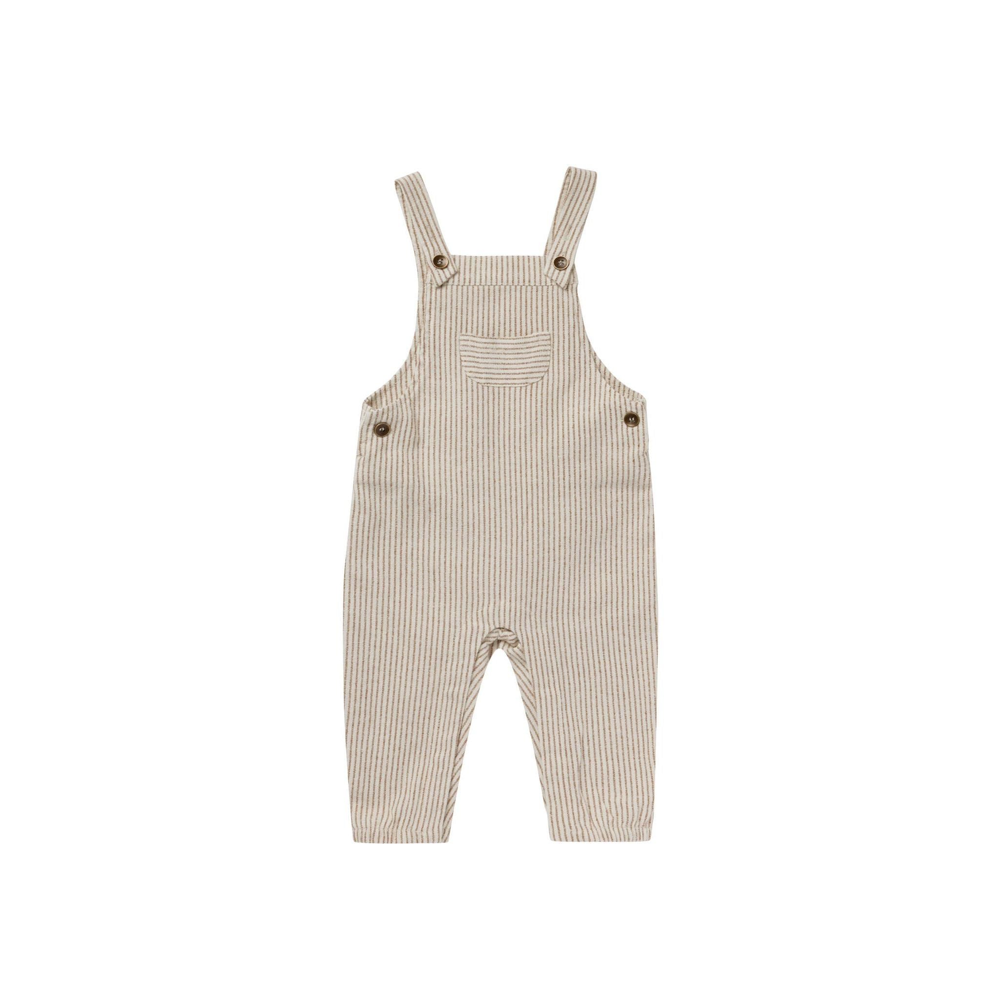 cream colored overalls with brass pinstripes