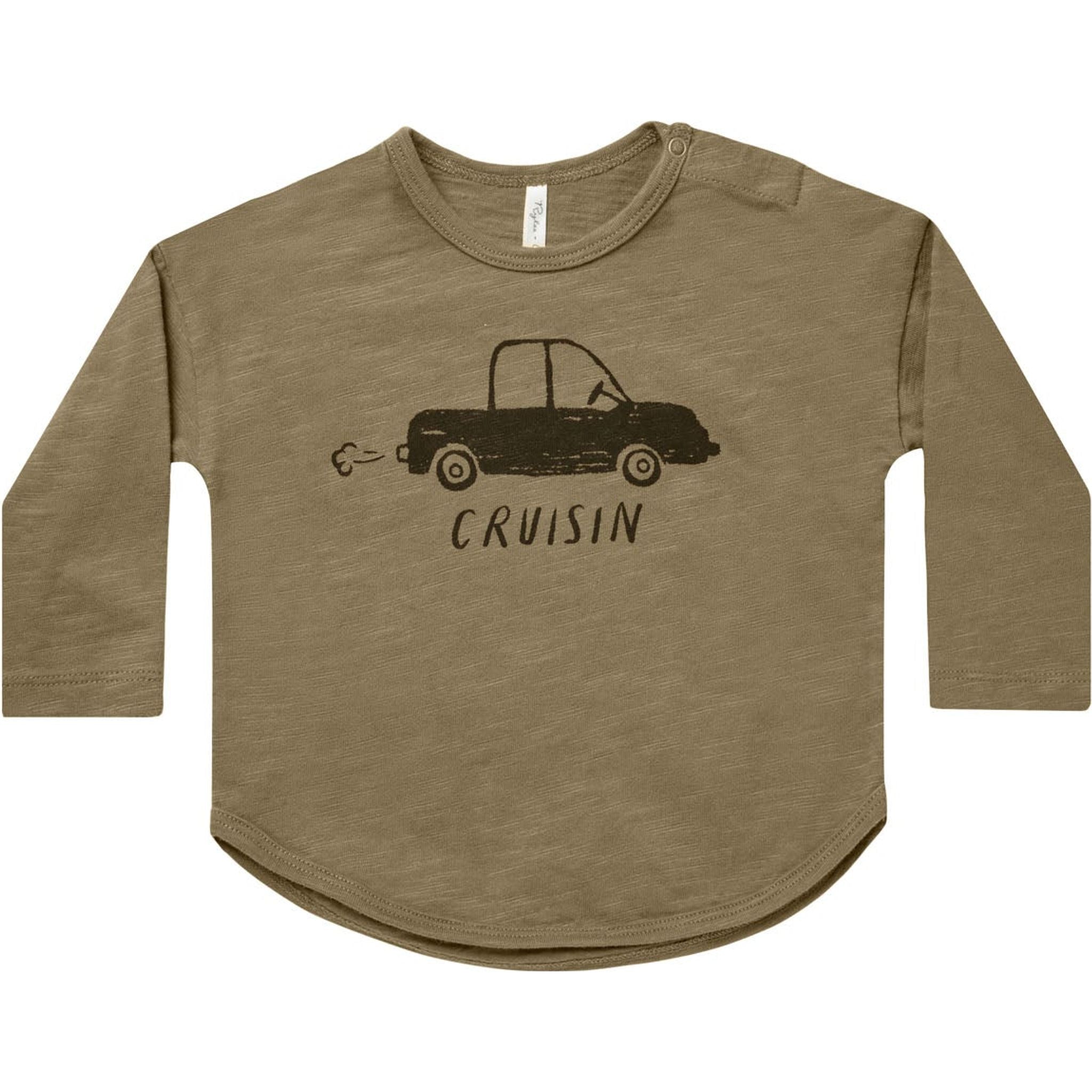 olive green long sleeve relaxted tee with car graphic and "cruisin" text