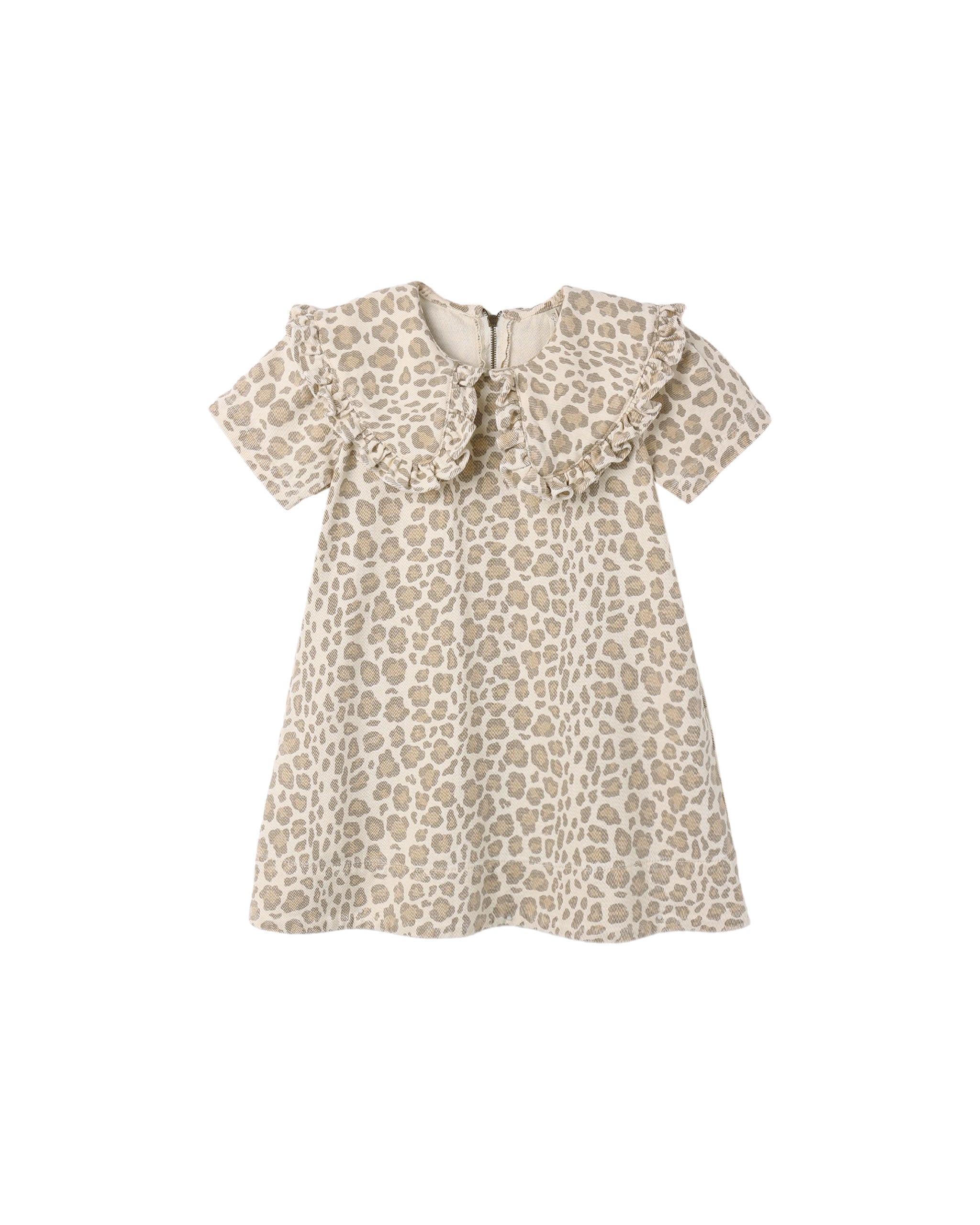 A light natural colored leopard print dress with an oversided color and short sleeves on a white background.
