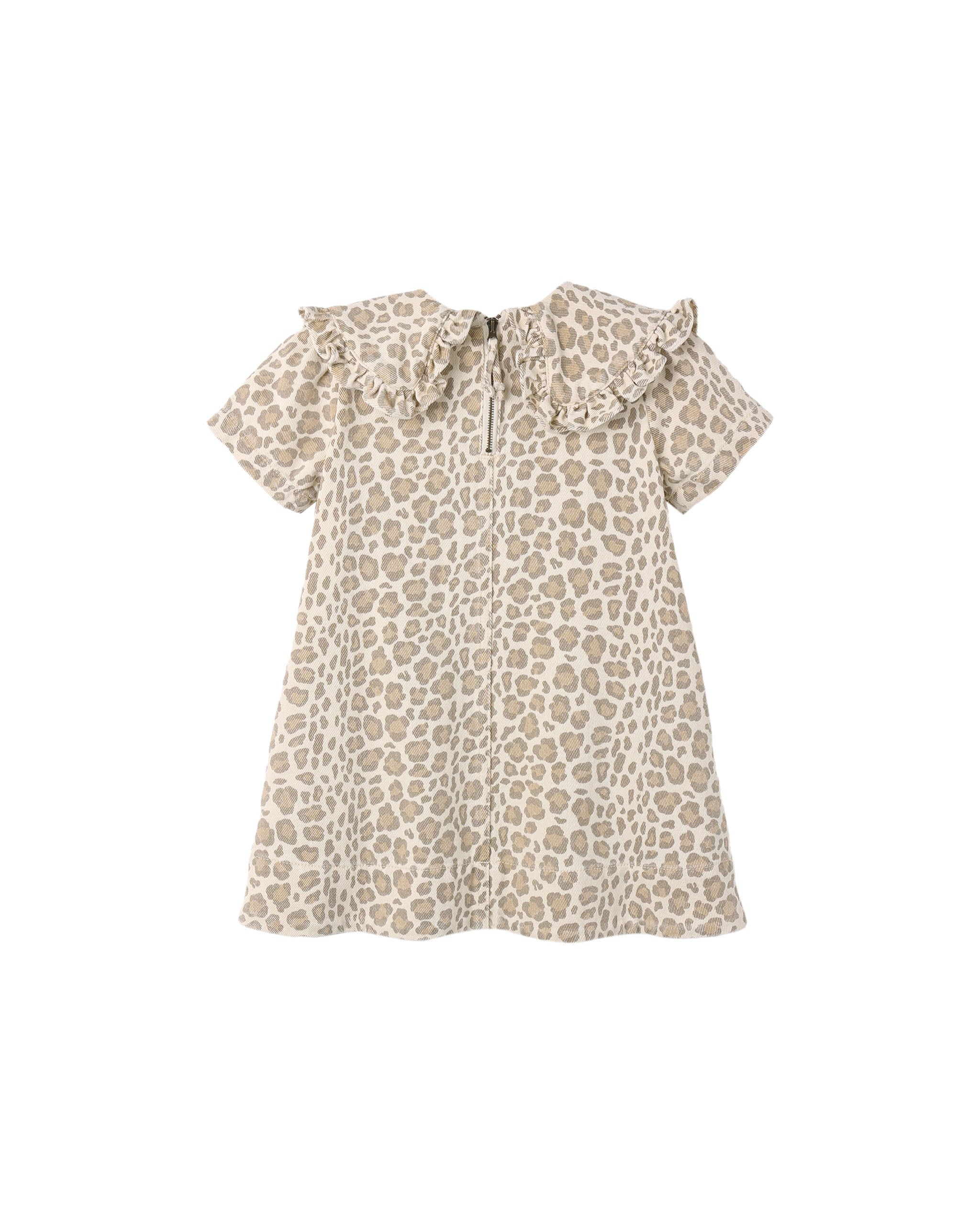 A light natural colored leopard print dress with an oversided color and short sleeves on a white background.