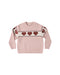 A blush colored sweater with red hearts on a white stripe shown on a white background.