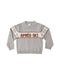 A light gray knit crewneck sweater with a cream horizontal chest stripe reading 'APRÉS-SKI' in dark red letters, bordered by thin red lines. The sleeves have cream panels with gray floral motifs and red trim.
