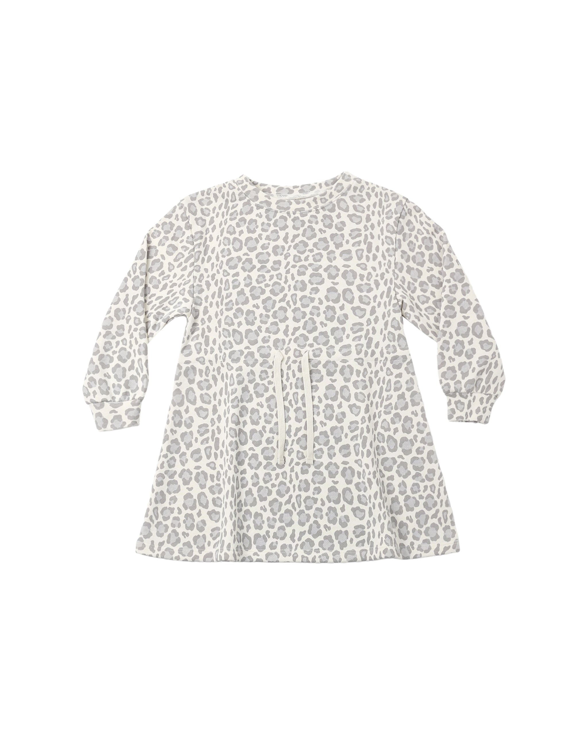 A long-sleeve babydoll dress with a blue and off-white leopard print pattern, featuring a drawstring waist and button details on the front, shown against a plain white background.