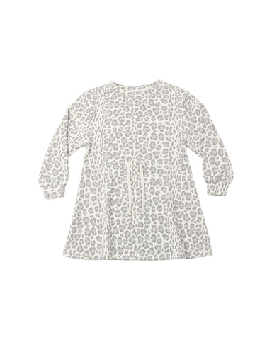 A long-sleeve babydoll dress with a blue and off-white leopard print pattern, featuring a drawstring waist and button details on the front, shown against a plain white background.