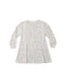 A long-sleeve babydoll dress with a blue and off-white leopard print pattern, featuring a drawstring waist and button details on the front, shown against a plain white background.