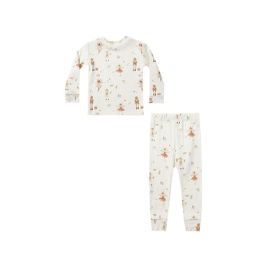 white long sleeve two piece pajama set with nutcracker and ballerina print