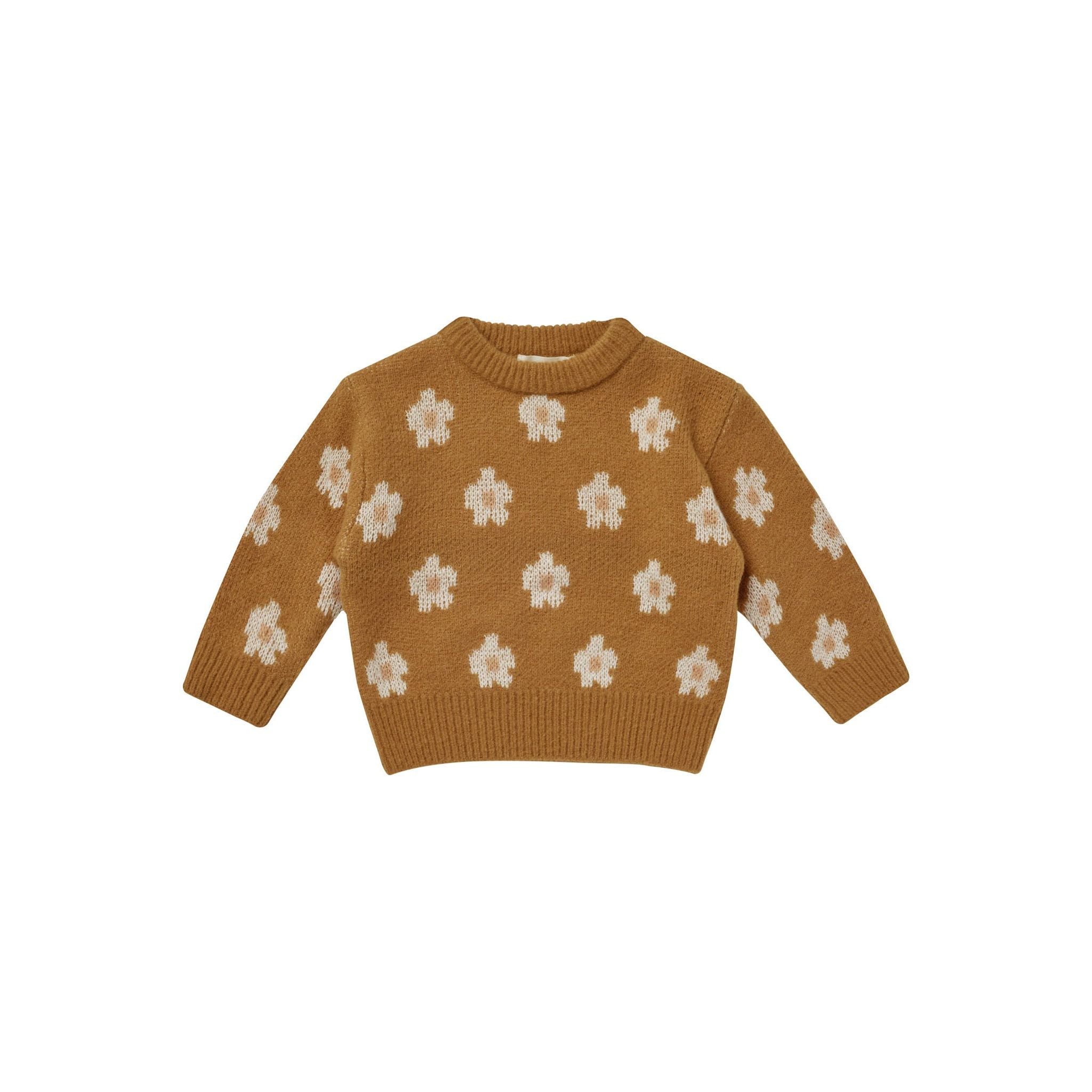 brass colored crew neck sweater with daisies