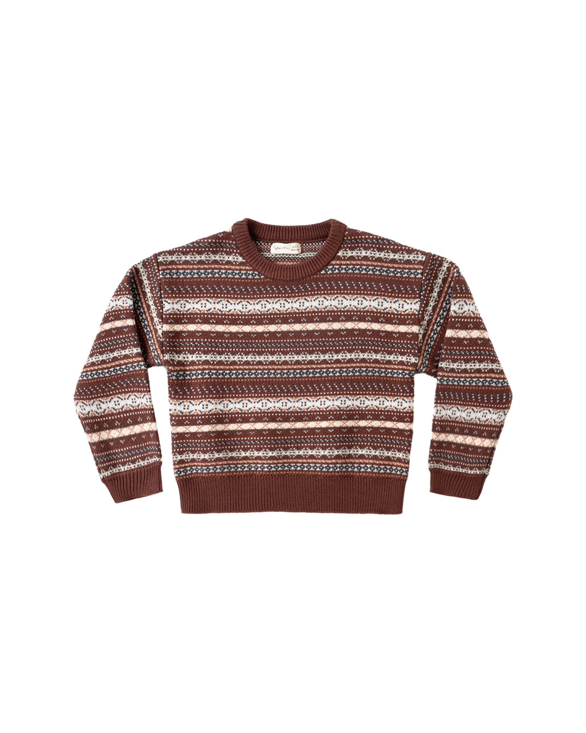 A long-sleeve crewneck knit sweater with horizontal Fair Isle style stripes in brown, cream, and white, displayed flat against a plain white background.