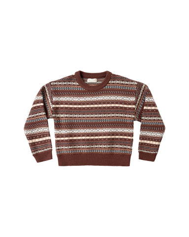 A long-sleeve crewneck knit sweater with horizontal Fair Isle style stripes in brown, cream, and white, displayed flat against a plain white background.