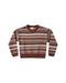 A long-sleeve crewneck knit sweater with horizontal Fair Isle style stripes in brown, cream, and white, displayed flat against a plain white background.