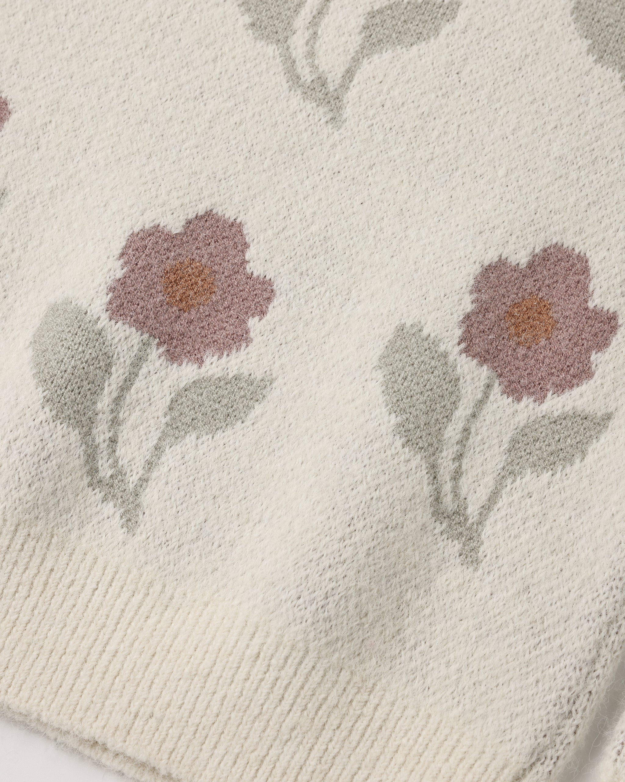 Close-up of a cream knit fabric with a repeating floral pattern featuring dusty pink flowers and muted green leaves.
