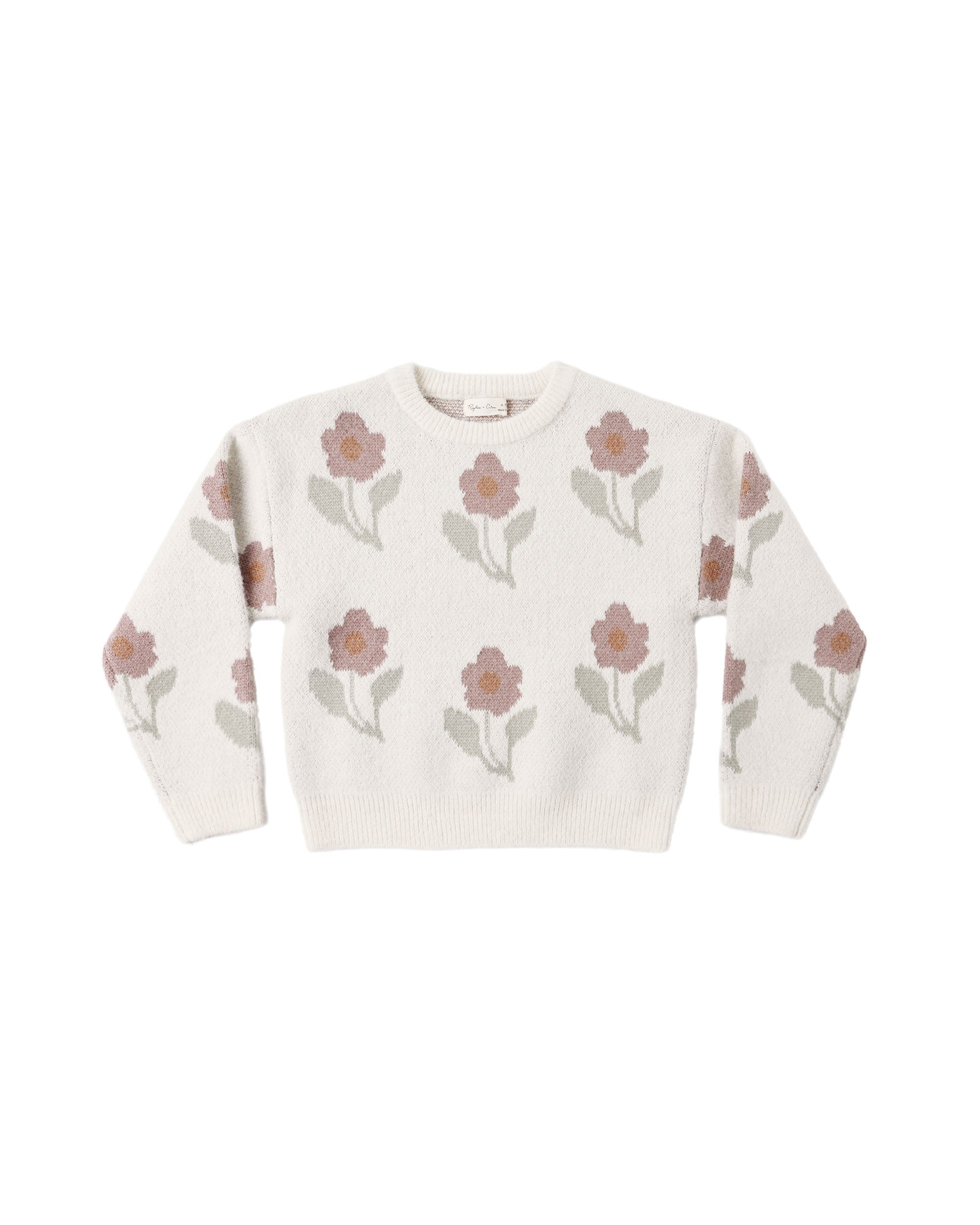An off-white knit crewneck sweater featuring an all-over pattern of muted pink flowers and sage green leaves, laid flat against a white background.