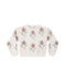An off-white knit crewneck sweater featuring an all-over pattern of muted pink flowers and sage green leaves, laid flat against a white background.
