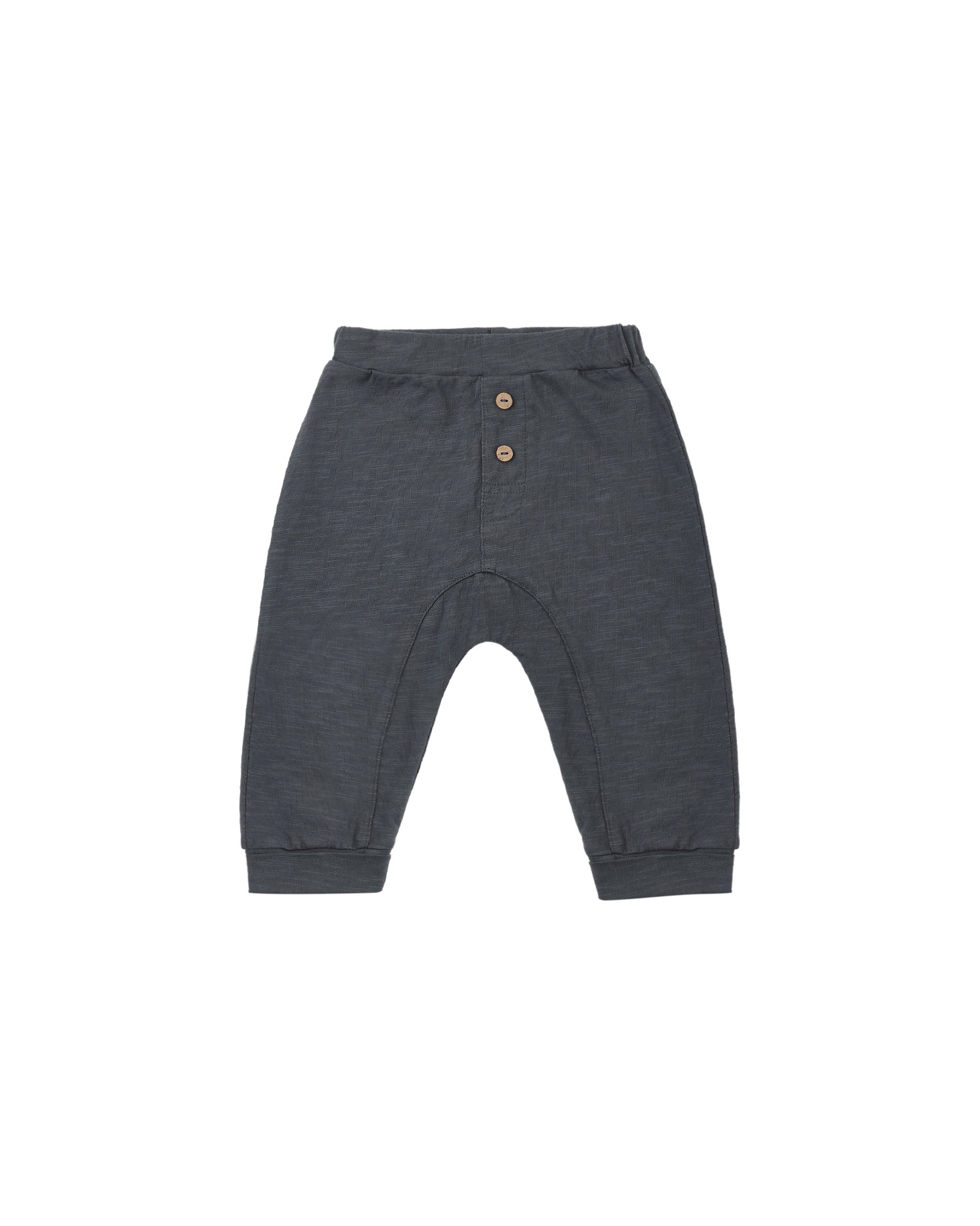 Dark gray knit pants for toddlers, featuring a buttoned henley waistband and elastic cuffs, shown flat on a white background.