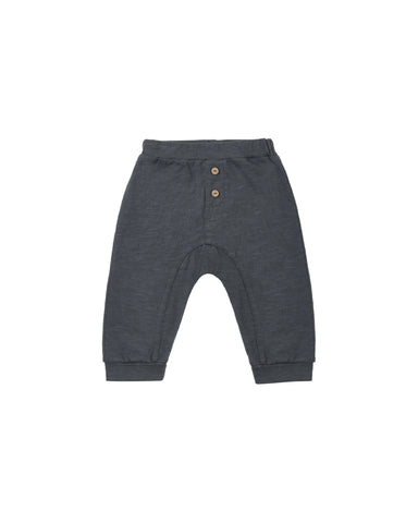 Dark gray knit pants for toddlers, featuring a buttoned henley waistband and elastic cuffs, shown flat on a white background.