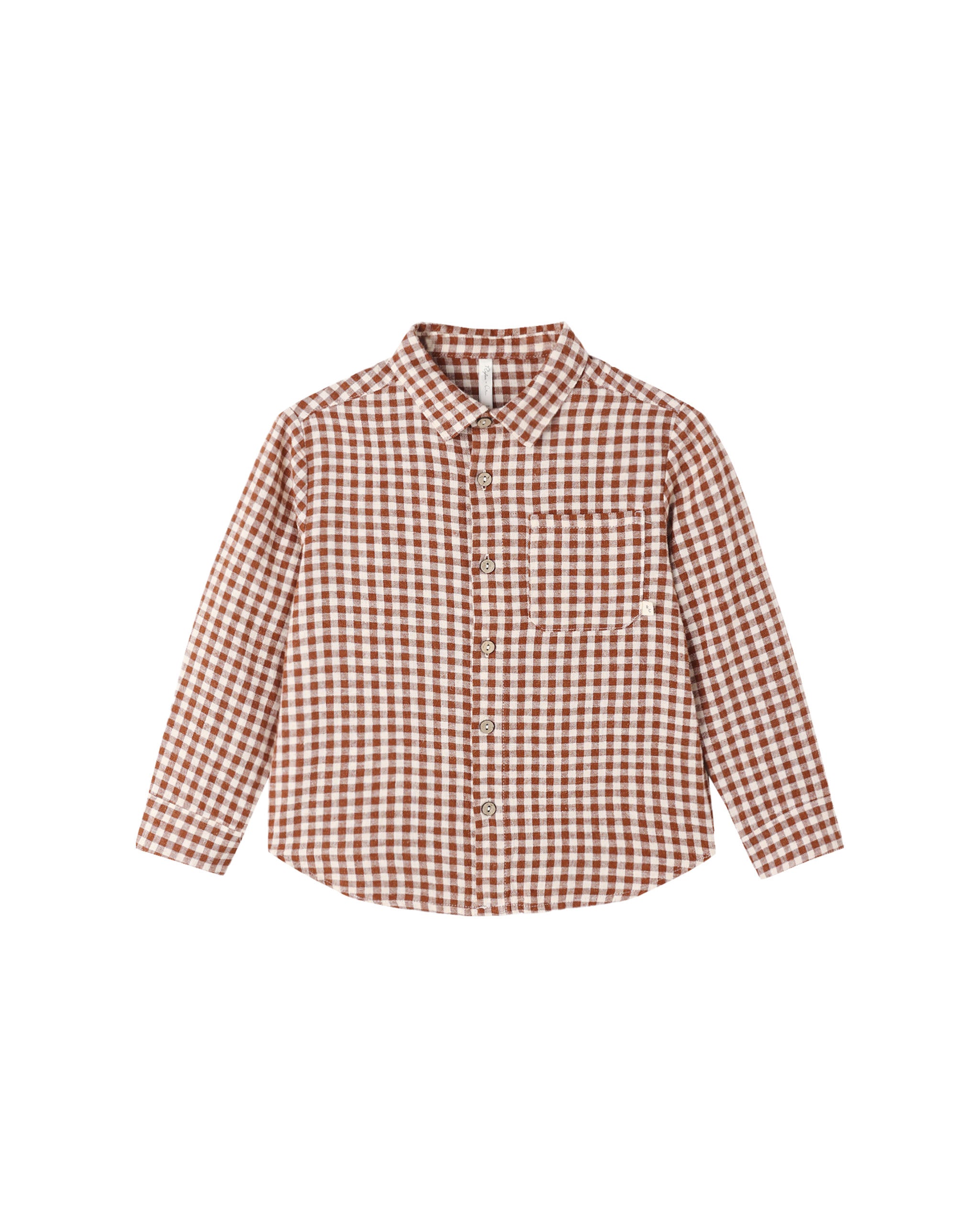 Aa brown and cream gingham checkered shirt sleeve with a buttoned cuff, shown on a light gray background.