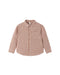 Aa brown and cream gingham checkered shirt sleeve with a buttoned cuff, shown on a light gray background.