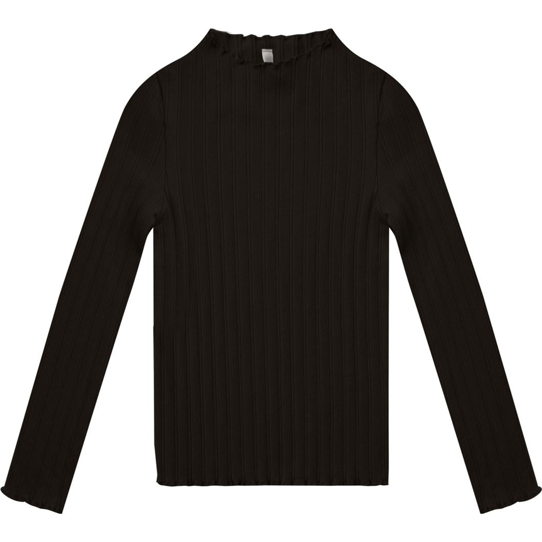 fitted, ribbed long sleeve tee with lettuce edge detail at neck