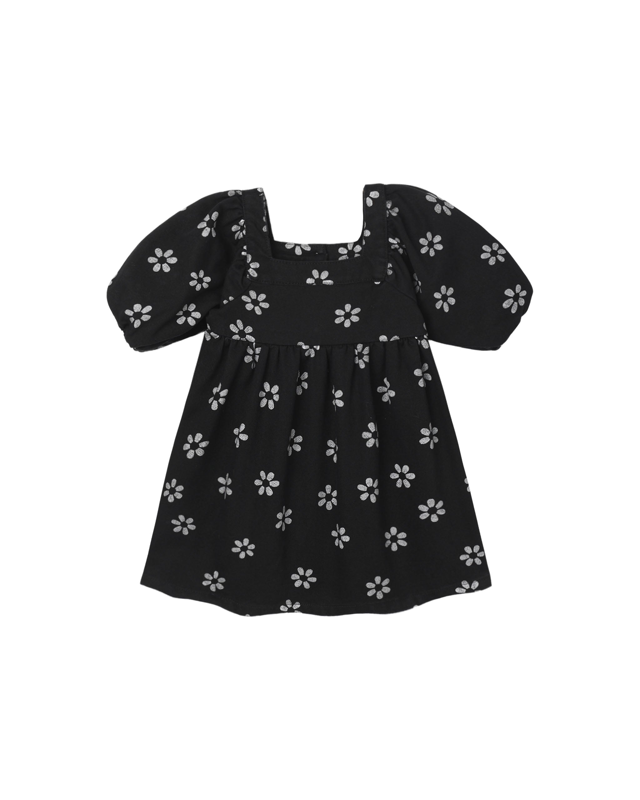 A black denim babydoll dress with a white daisy pattern on a white background.