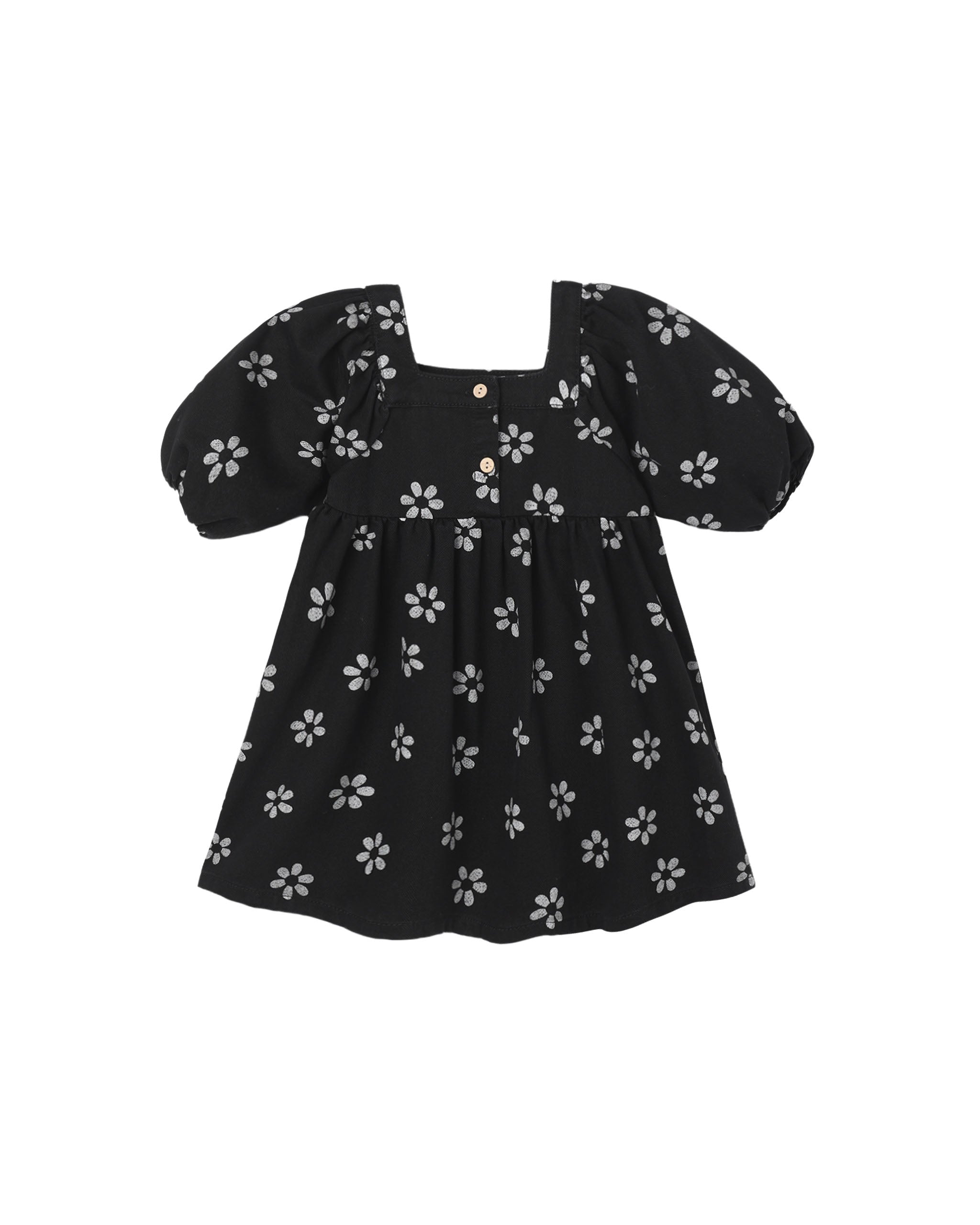 A black toddler girl's dress with a white floral pattern, featuring puff sleeves, a square neckline, and three small decorative buttons at the collar.