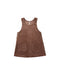 A brown corduroy pinafore dress for toddlers, featuring front patch pockets and decorative buttons on the shoulder straps and armholes, shown against a plain white background.