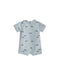 Light blue swim romper with shark pattern on a white background