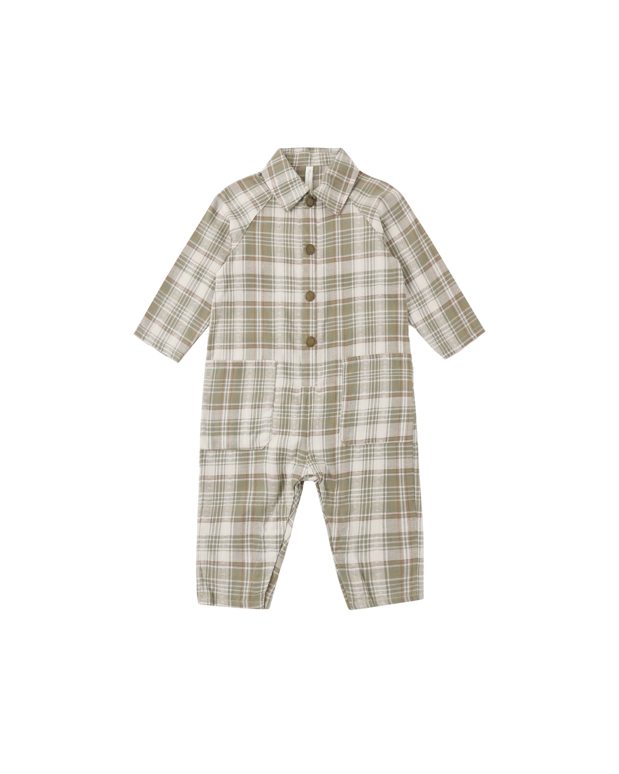 A baby long-sleeve plaid jumpsuit in beige and olive green, featuring a button-up front, collar, and front pockets, shown on a plain white background.