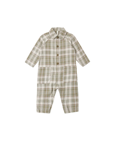 A baby long-sleeve plaid jumpsuit in beige and olive green, featuring a button-up front, collar, and front pockets, shown on a plain white background.