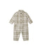 A baby long-sleeve plaid jumpsuit in beige and olive green, featuring a button-up front, collar, and front pockets, shown on a plain white background.