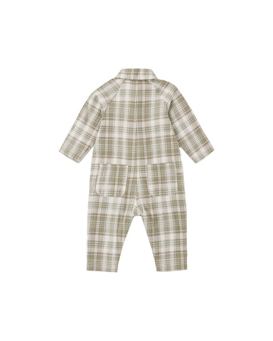 A baby's long-sleeve plaid romper shown from the back, featuring a light beige and olive green checkered pattern with a collar and snap closures.