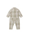 A baby's long-sleeve plaid romper shown from the back, featuring a light beige and olive green checkered pattern with a collar and snap closures.