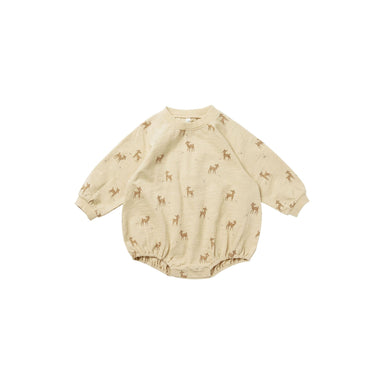 soft yellow long sleeve crewneck romper with baby deer print