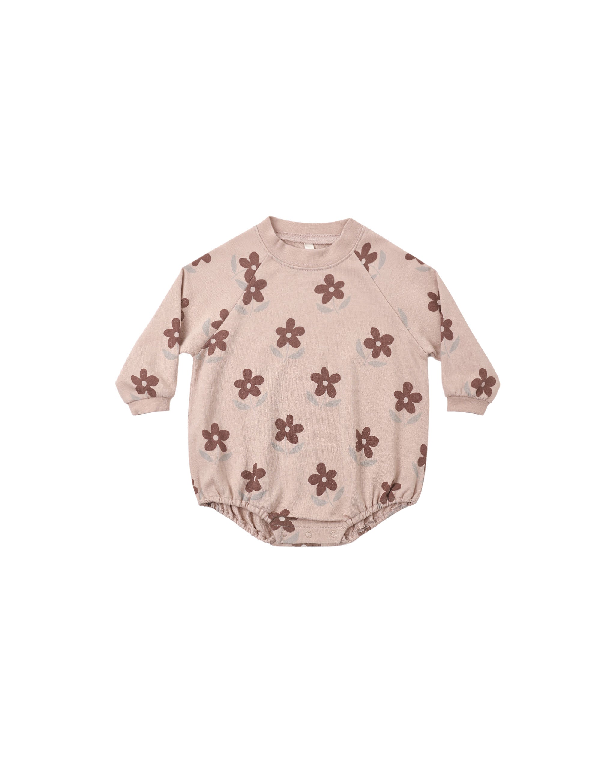 A baby long-sleeve romper in a dusty pink color, decorated with a repeating pattern of dark brown flowers with light gray centers, shown against a plain white background.