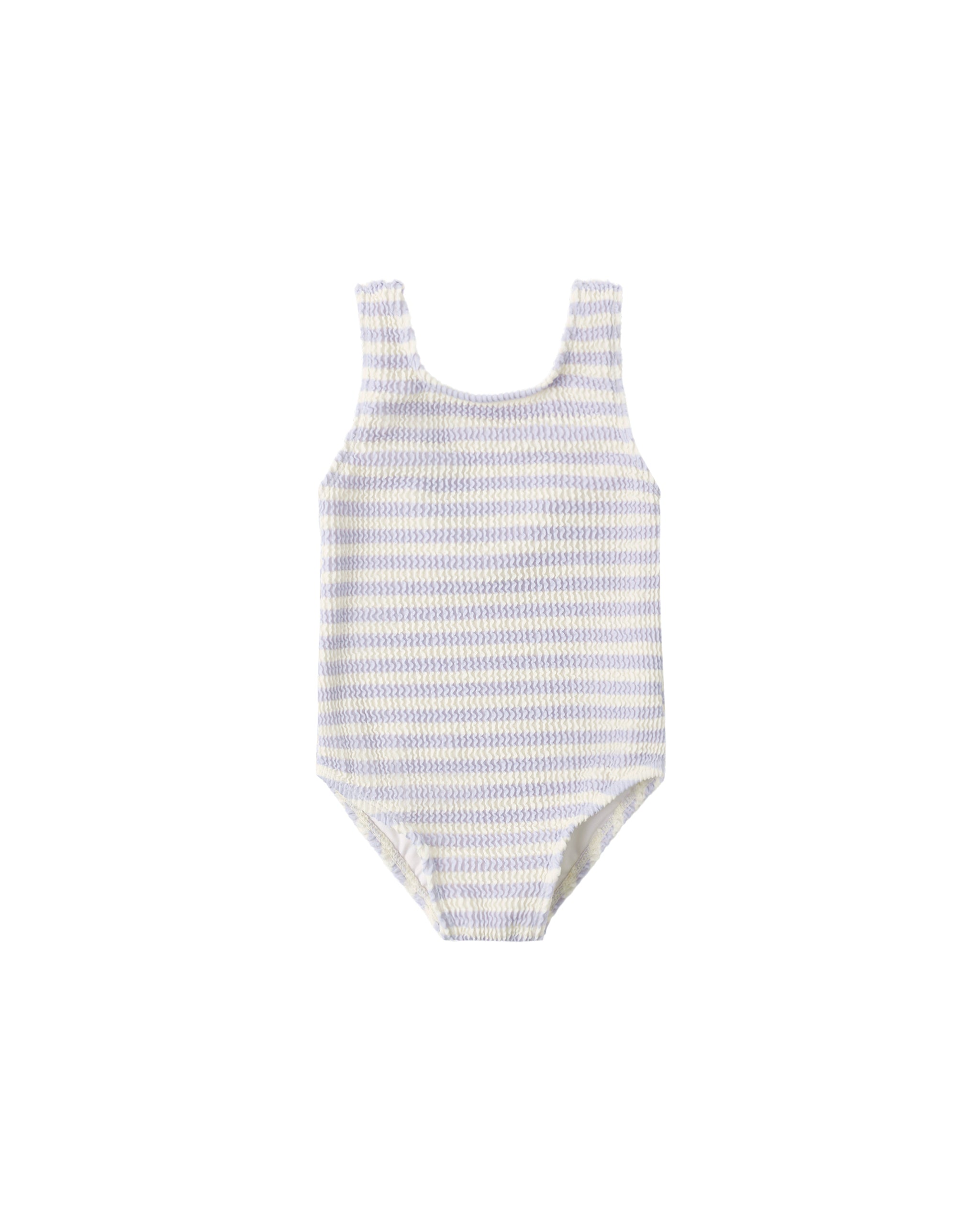Periwinkle striped swimsuit on a white background