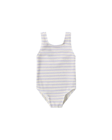 Periwinkle striped swimsuit on a white background