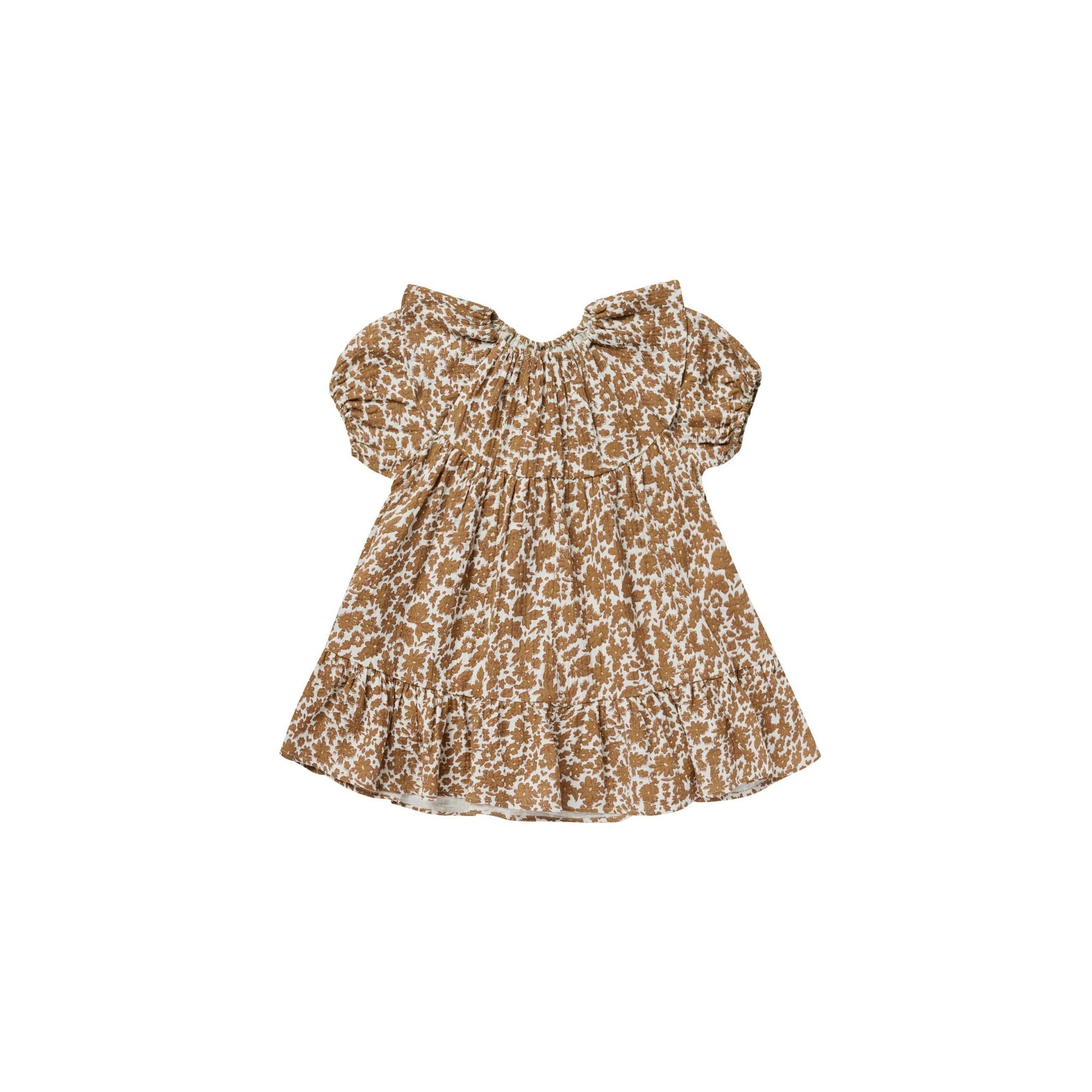 short sleeve ruffled dress with gold floral print.