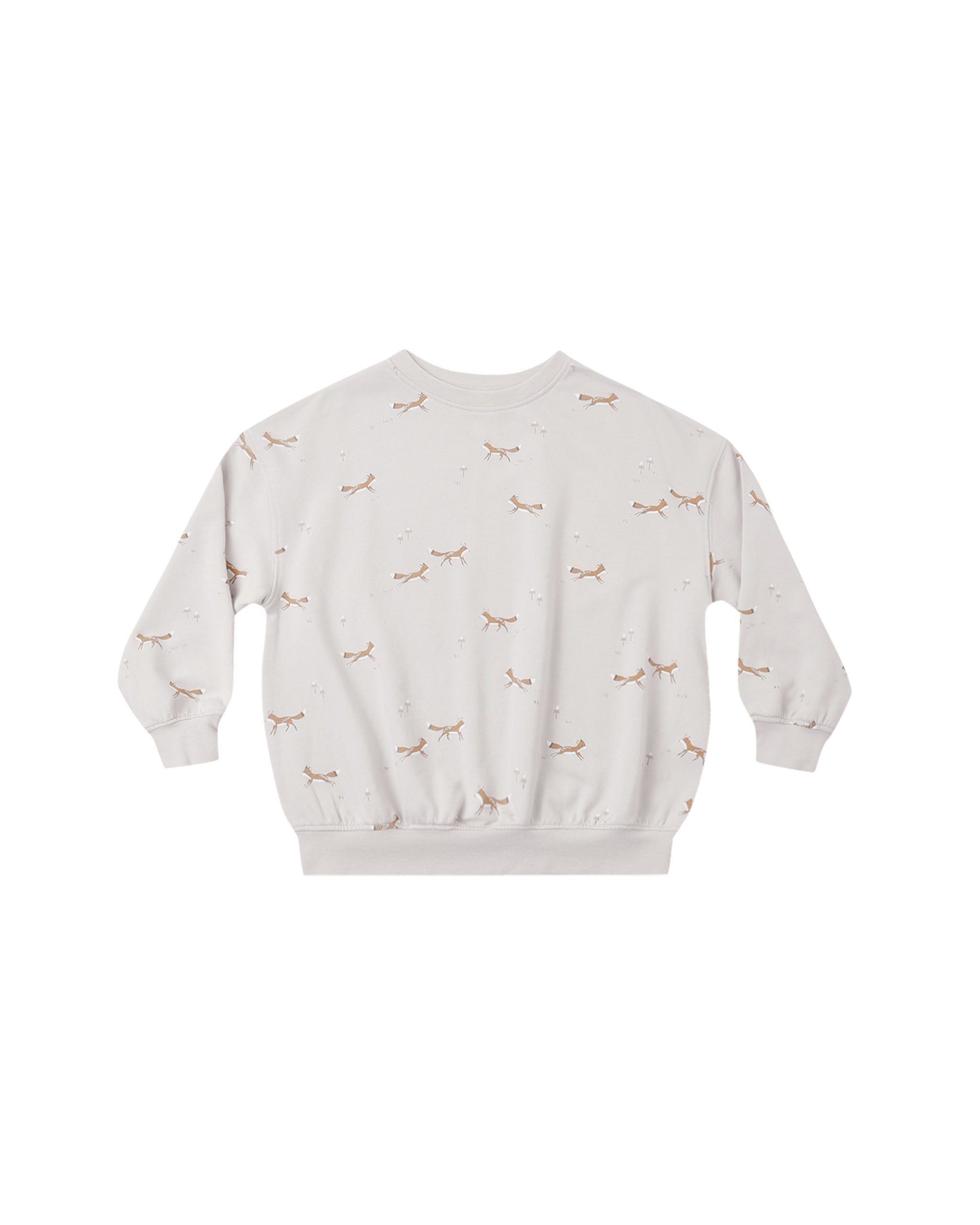 An off-white crewneck sweatshirt featuring a delicate all-over print of small brown foxes and tiny scattered dots, displayed flat against a solid white background.