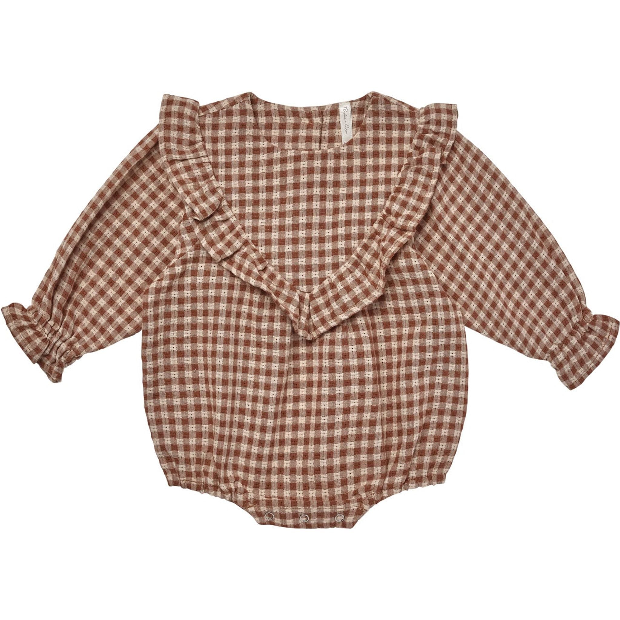 brown and cream gingham Baby bubble romper featuring a v shape with ruffle trim details, elastic sleeve openings, and leg openings to create a bubble silhouette