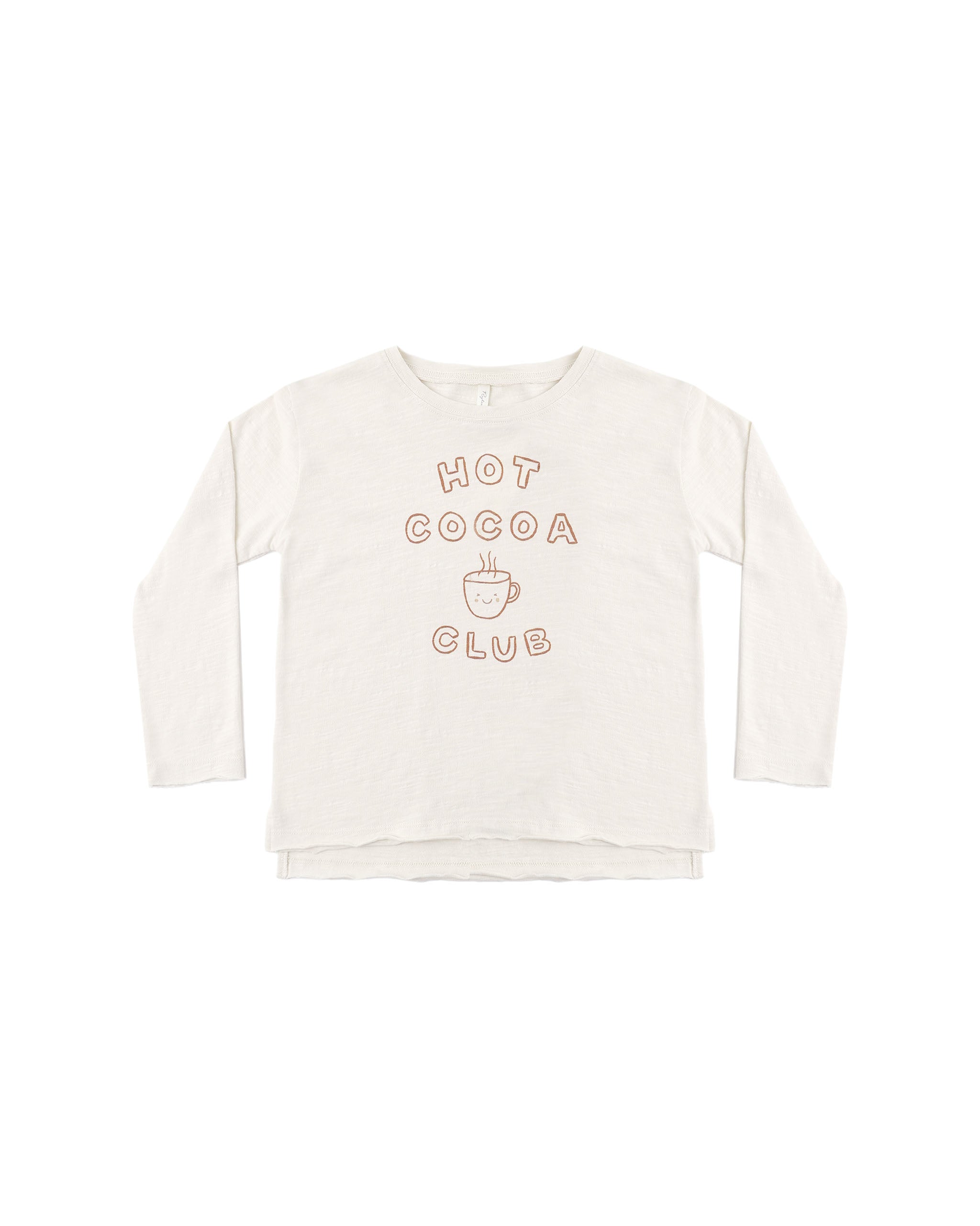 A natural colored long sleeve tee with a Hot Cocoa Club logo on the front.