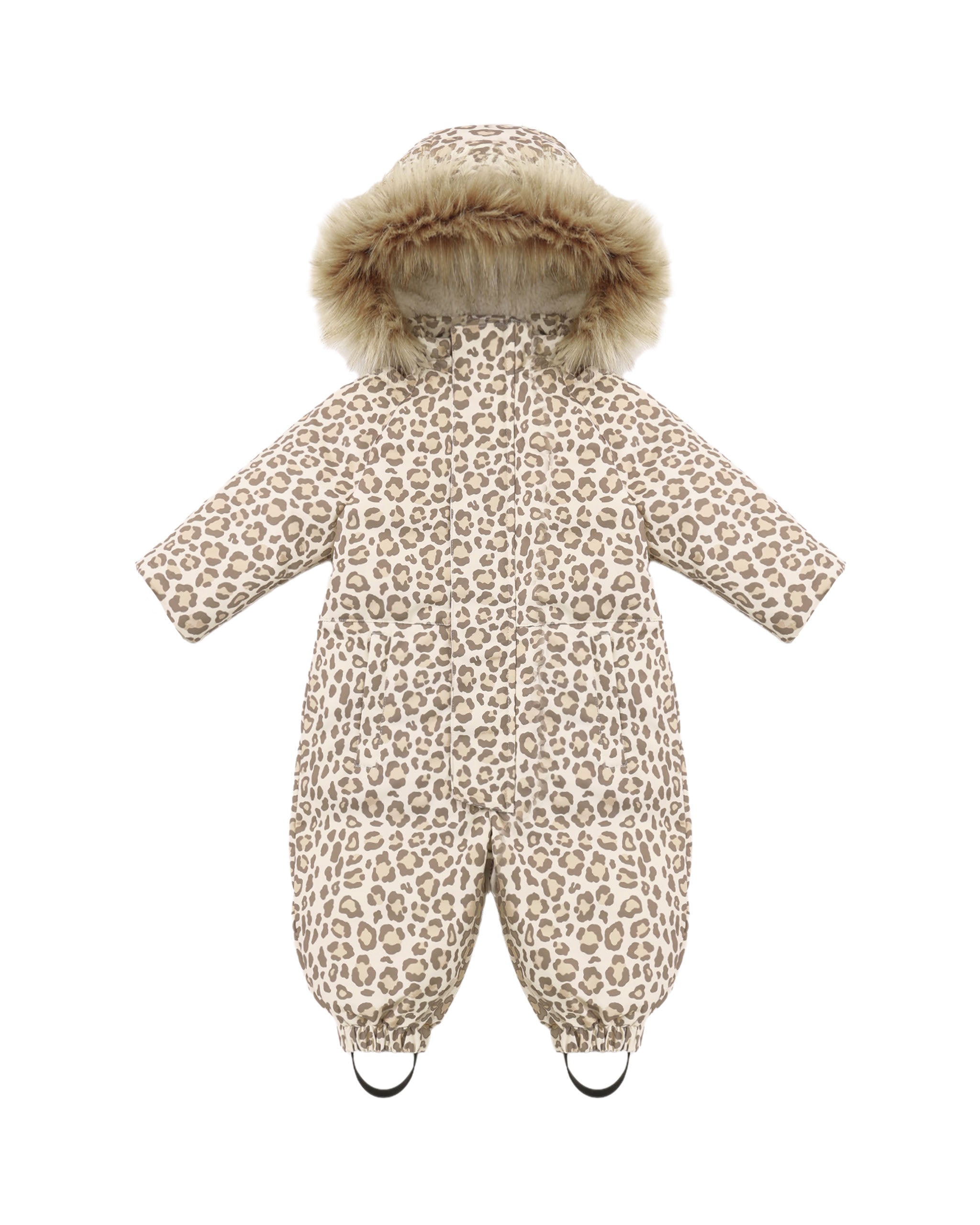 Baby snowsuit with leopard print and fur hood on a white background