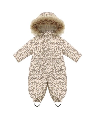 Baby snowsuit with leopard print and fur hood on a white background