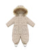 Baby snowsuit with leopard print and fur hood on a white background