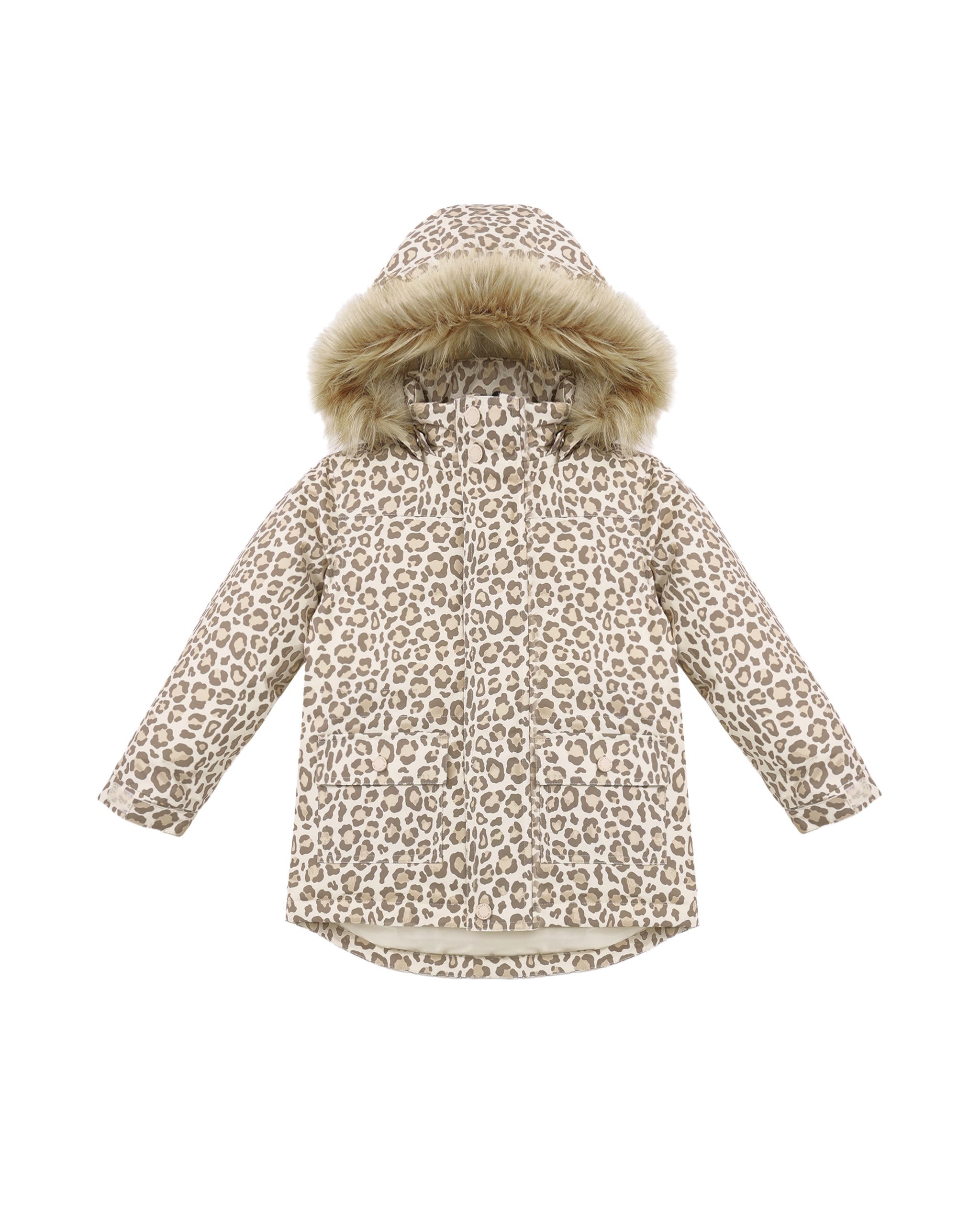 A leopard print parka designed with a detachable hood trimmed in faux fur, a hidden front zipper, adjustable velcro wrists, and front snap pockets for everyday ease.