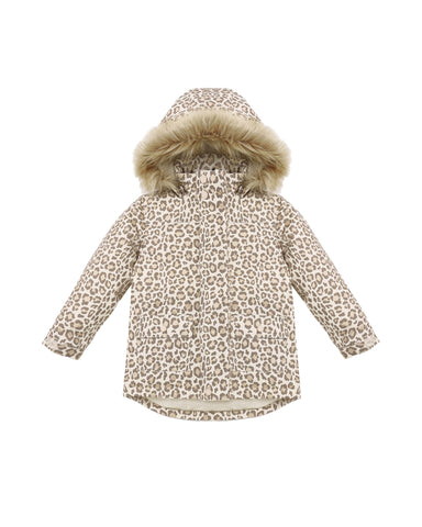 A leopard print parka designed with a detachable hood trimmed in faux fur, a hidden front zipper, adjustable velcro wrists, and front snap pockets for everyday ease.