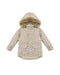 A leopard print parka designed with a detachable hood trimmed in faux fur, a hidden front zipper, adjustable velcro wrists, and front snap pockets for everyday ease.