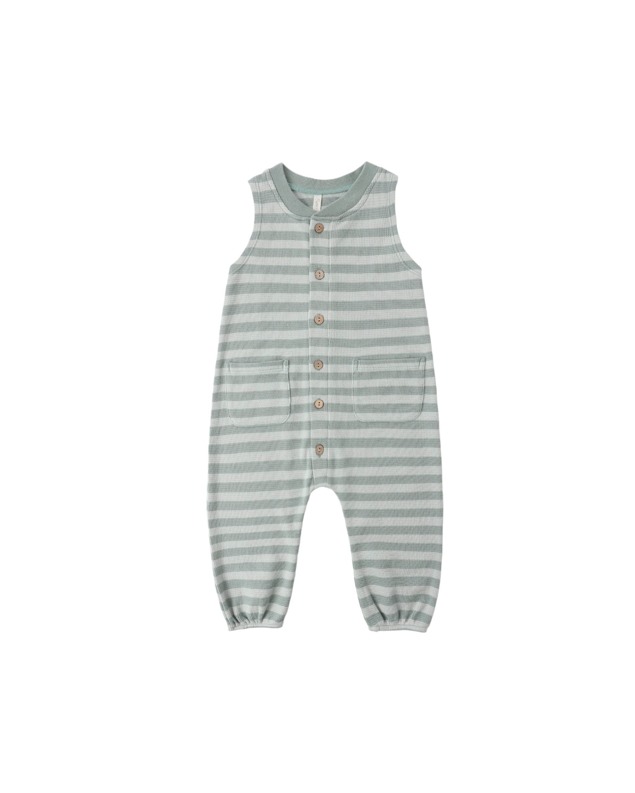 Green striped baby romper on a white background