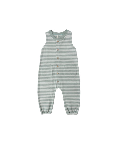 Green striped baby romper on a white background