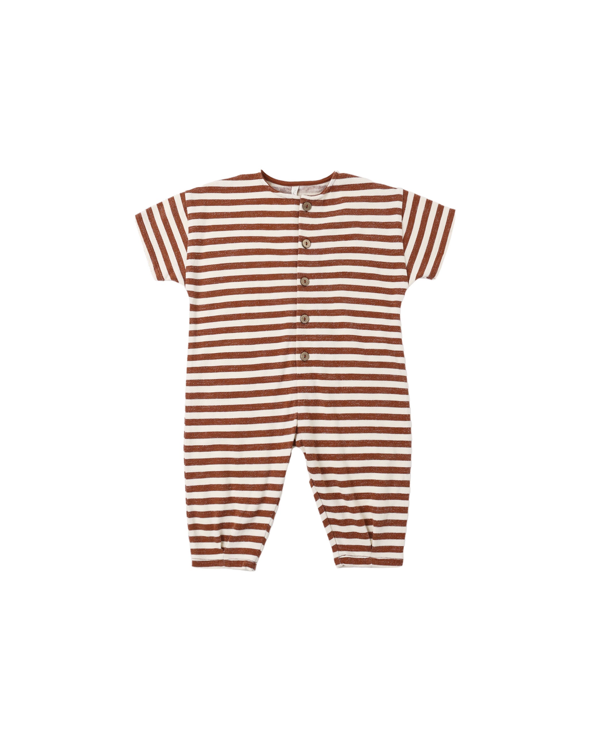 A brown and white striped romper with a button up front on a white background.