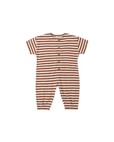 A brown and white striped romper with a button up front on a white background.
