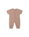 A brown and white striped romper with a button up front on a white background.